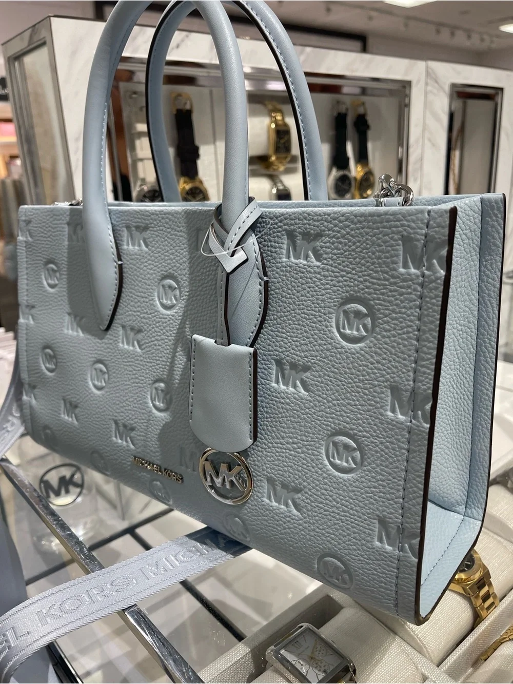 Michael Kors Mirella Md Logo Debossed EW Top Zip Satchel Shouldr Tote Pale Ocean